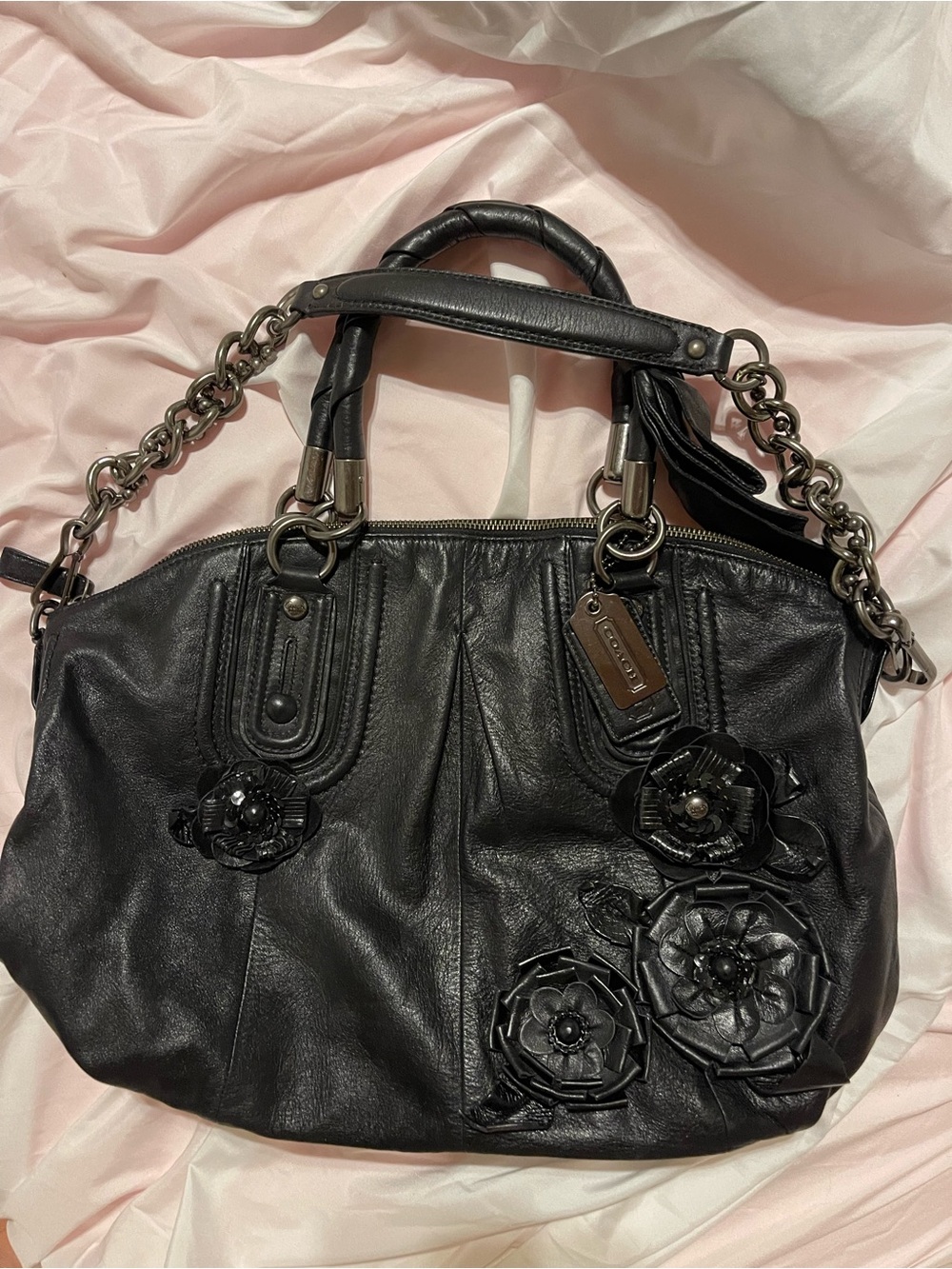 Madison Sophia Coach Black Leather Floral-Applique Chain-Handle Shoulder Bag
